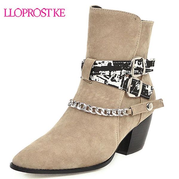 

boots lloprost ke 2021 metal decoration fashion buckle zipper women shoes flock square high heel autumn winter ankle big size, Black