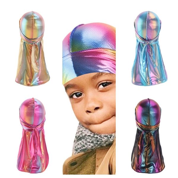 

premium silky wave cap designers kids holographic durag laser doo rag satin hats pirate hat biker party beach caps head wrap visor g12207, Yellow