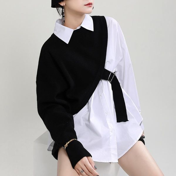 

new women's stripes patchwork long sleeves asymmetric casual shirt d821, White