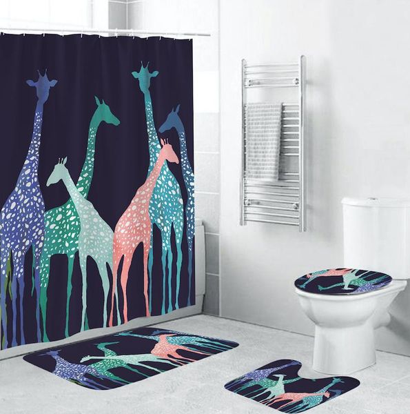 

bath accessory set giraffe printed shower non-slip curtain carpet mat combination bathroom toilet seat four-piece