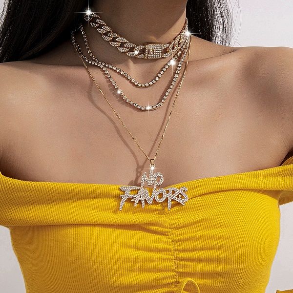 

fashion trendy ins designer luxury diamond zirconia rhinestone statement choker necklace for woman girls letters gold silver, Golden;silver