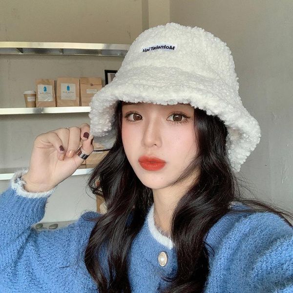 

women's hat plush winter lamb hair fisherman cap warm black white khaki bucket hat fashion, Blue;gray