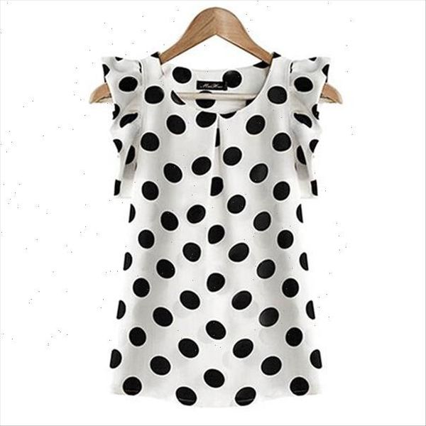 

womens clothing women summer casual polka dot round neck short sleeve shirt chiffon blouse, White