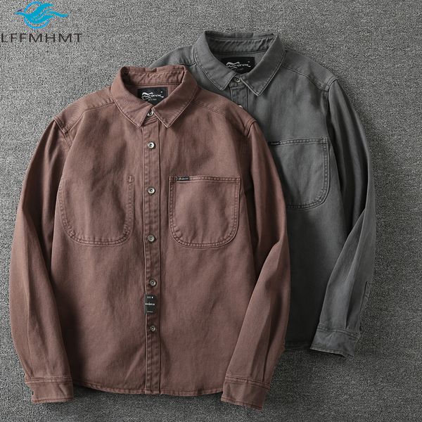 

american style men 750g heavyweight long sleeve vintage denim cargo shirt casual pockets 100% twill cotton male c1212, White;black