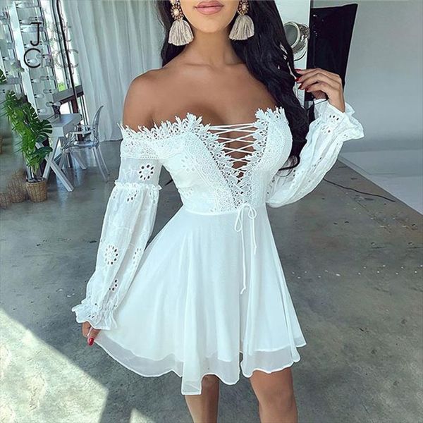 

white lace women dress off shoulder lace up ruffles elegant dresses party club vintage autumn winter vestido, Black;gray