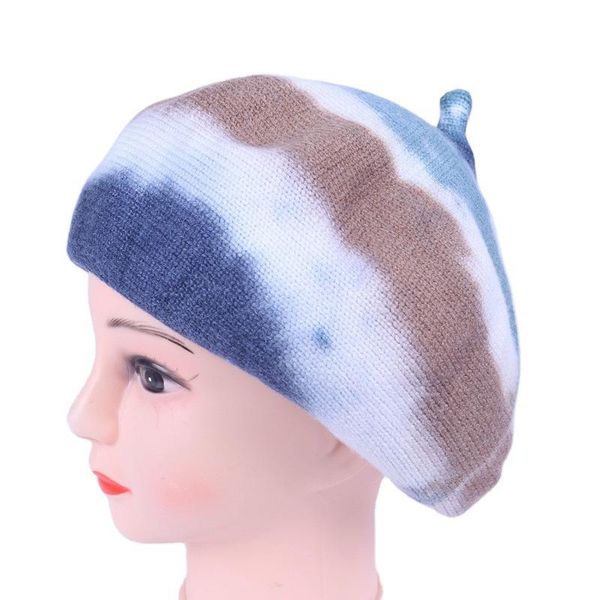 

new winter beret hat for women artist tie-dyed casual knitted hat elegant fashion beanie cap beret retro warm unisex, Blue;gray