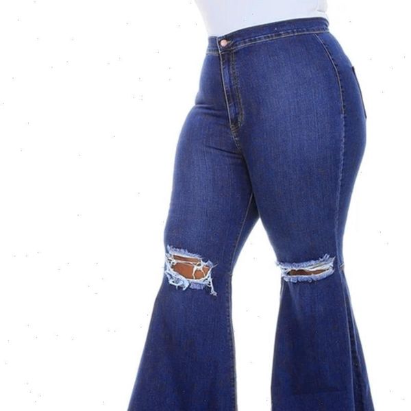 

6xl plus size ripped hole jeans for women high waist denim pants female streetwear casual flare pants jeans calça d30, Blue