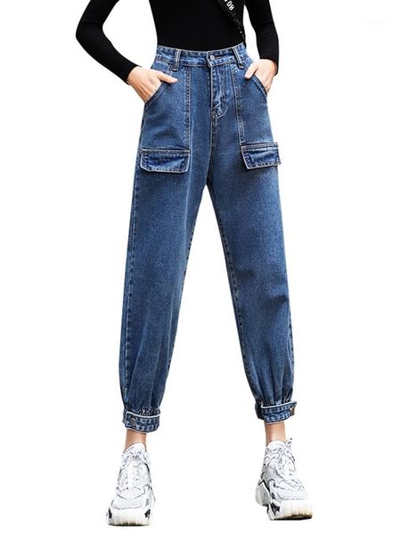 

2020 women denim cargo pants fashion high waist solid jean pants ropa mujer jeans women female regular jeans trousers p93151, Blue