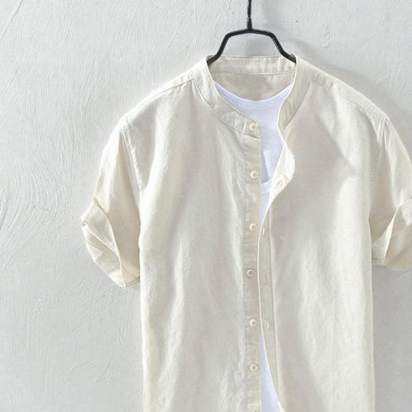 

feitong retro mens blouse shirts baggy cotton linen solid white short sleeve autumn summer shirt buttons blusas male, White;black