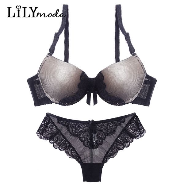 

women's t shirt bra panty lace butterfly set push up cup underwear female brassiere lingerie bra brief seamless hollow out c1211, Black;white