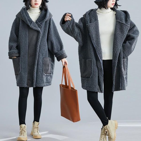 

oversized plus size women clothing lambswool velvet coat hooded fashion 2021 autumn winter new warm casual outerwears, Black