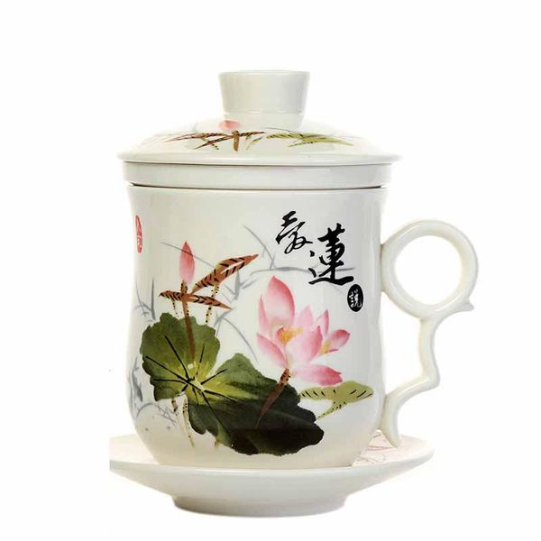 

blue and white porcelain ceramic office four piece cup with lid including filter equipment personal lunch cup gift conference sqchck