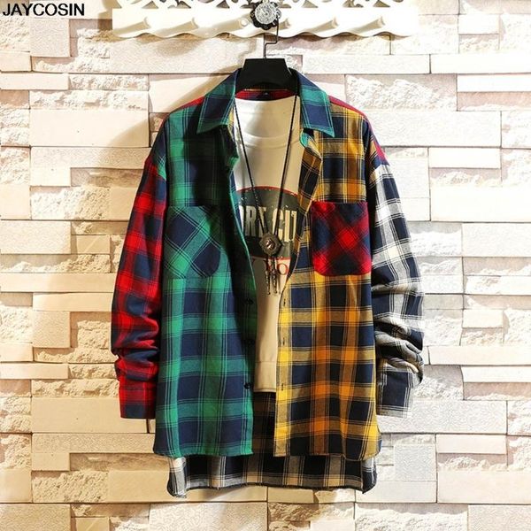 

men's casual shirts klv 2021 men's spring summer long sleeve patchwork turndown collar plaid blouse shirt all season1, White;black