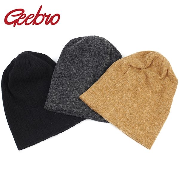 

geebro women winter cotton ribbed beanies hat autumn warmer slouchy knitted hat ladies stretch striped baggy skullies gorros y201024, Blue;gray