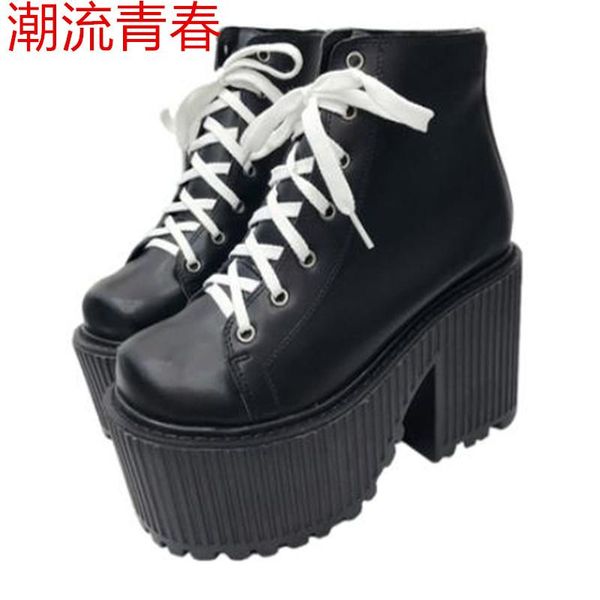 

boots fashion women black knight autumn winter lace-up thick soled platform shoes lady party ankle high heels