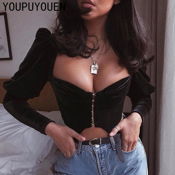 

осень зима женщин сексуальный без бретелек с длинным рукавом бархатные урожая верхняя кнопка рубашка женская вечеринка черная блузка элегант, White