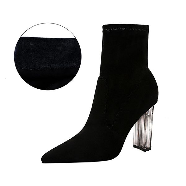

2021 new women's ankle boots sock shoes winter warm high transparent heels flock pointed toe slip on elegant ladies boot autumn shoe 1, Black