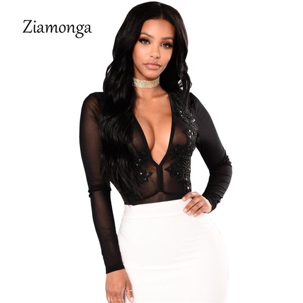 

ziamonga sheer mesh applique lace bodysuit women v-neck sequin floral elegant jumpsuit romper autumn women skinny y200401, Black;white