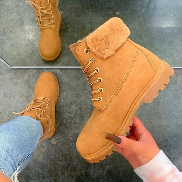 

women winter anti slippery flat heel ankle boots fur short booty lace up snow boots fashion casual shoes big size 43, Black