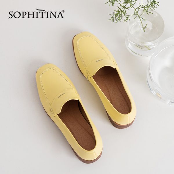 

sophitina women pumps solid shallow square toe square heel cow leather comfortable casual shoes concise pumps lj201112, Black