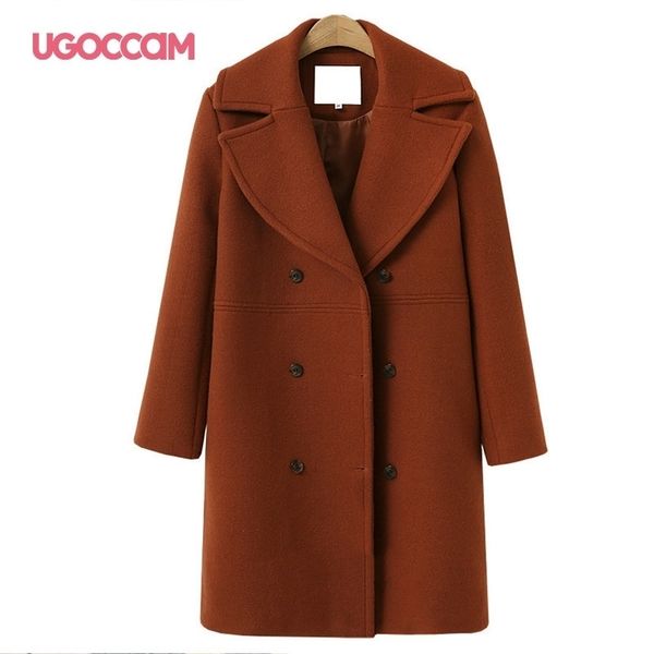 

ugoccam woolen coat office lady jacket women autumn and winter plus size women long windbreaker double breasted women clothes 201027, Black