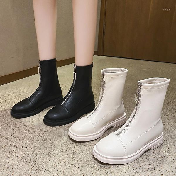 

net red boots female tide ins british style 2020 new autumn all-match front zipper thick-soled thin mid-tube boots1, Black