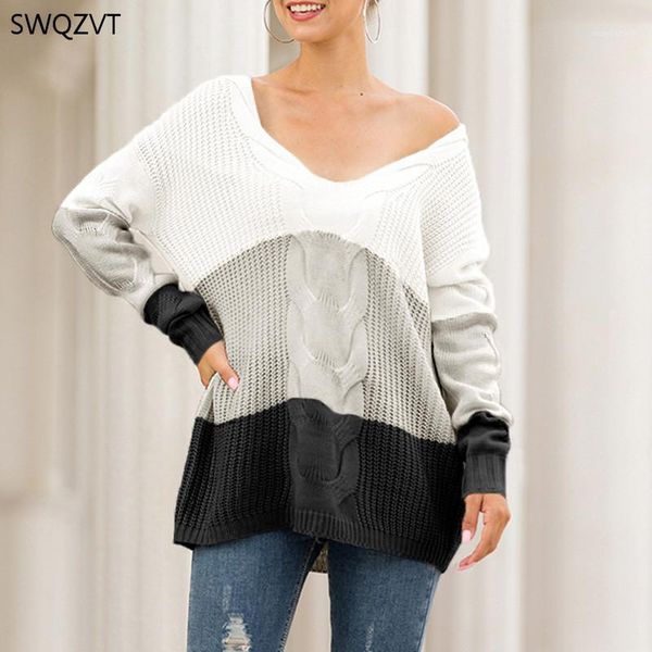 

swqzvt v-neck strapless twist color-block pullover sweater women winter new warm long sleeve white black womens sweater1