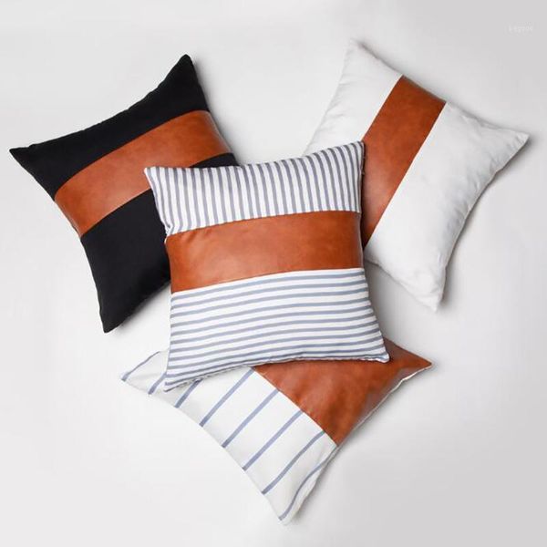 

pu leather pillow canvas stripe stitching pillow sofa cushion new modern minimalist style living room cushion1