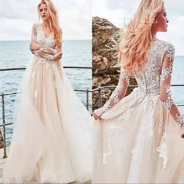 

2022 vintage lace long sleeve bridal wedding dresses summer beach boho tulle v neck appliques buttons back bridal gowns bm1521, White
