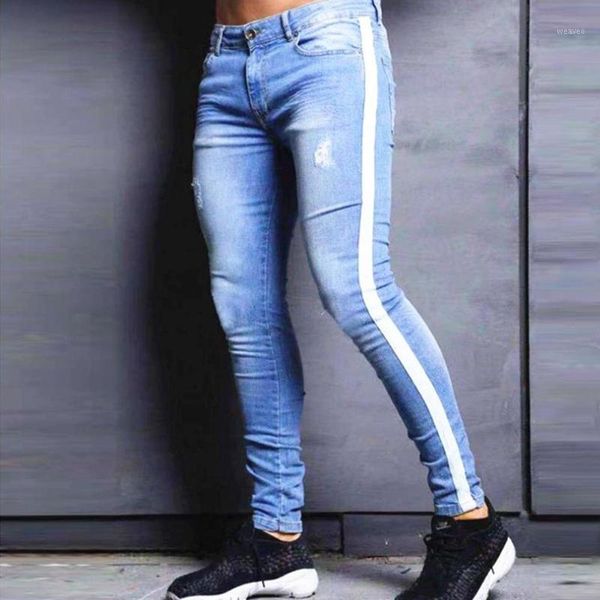 

men fashion black light blue with stripe splicing broken hole jeans pencil pants1