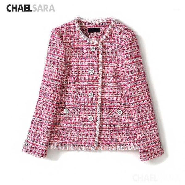 

pink tweed jacket coat 2020 spring autumn women's long sleeve woolen slim tassels veste femme1, Black;brown