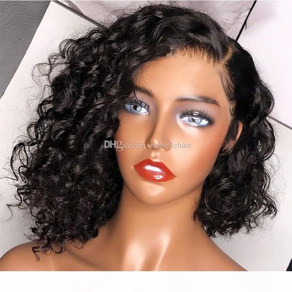 

9a curly full lace human hair wigs with baby hair pre plucked brazilian virgin short bob lace front wigs for black women, Black;brown
