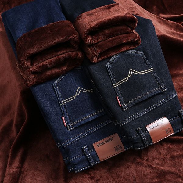 

autumn and winter jeans men's plush and thickened slim straight elastic men's winter warm casual men's long pants, Blue