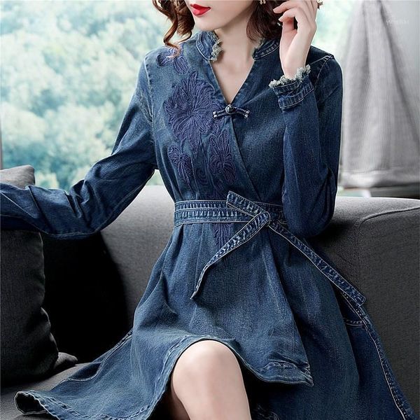 

women 2020 spring new vintage irregular denim cardigan retro buckle belt long sleeve women trench coat1, Black;brown
