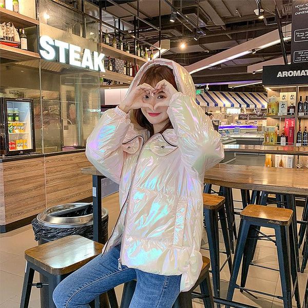 

2021 new autumn winter women thick parkas female fashion casual warm hooded jacket ladies cotton padded shiny big pocket coat e1, Black