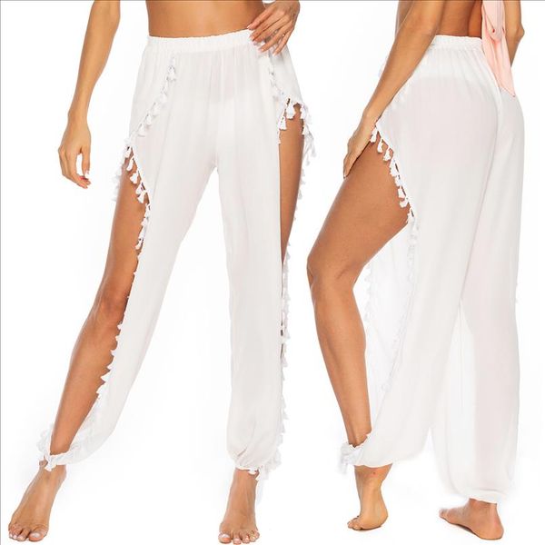 

huan beauty new pants women beach chiffon pants split loose wide leg sea holiday tassel bundle trousers hbp302, Black;white
