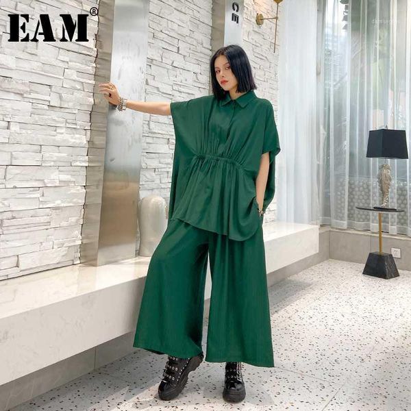 

eam] wide leg pants pleated two piece suit new lapel half sleeve black loose fit women fashion tide spring summer 2020 1u2001, White