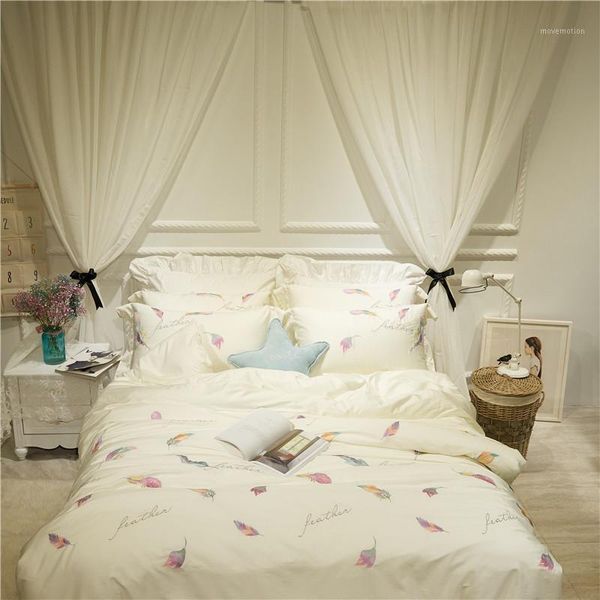 

42 white color girls women bedding set /king size cotton embroidered feather bed set duvet cover bed room pillowcases1
