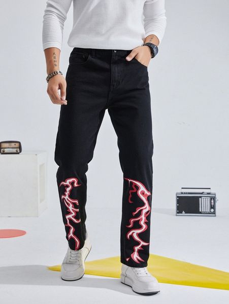

men graphic print straight leg jeans n0r6#, Blue