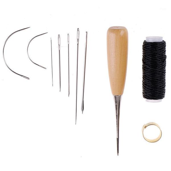 

1 set good quality leather sewing needles stitching awl needle thread thimble shoe repair tool1, Black