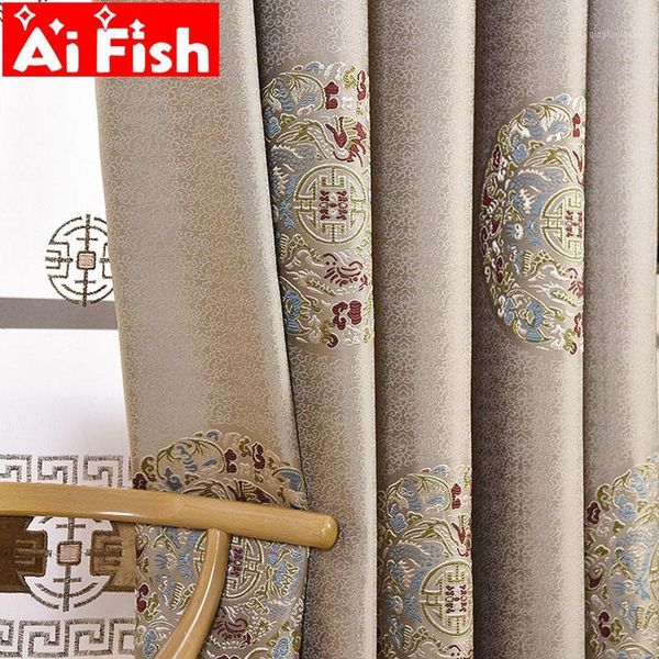 

new chinese classical retro elegant luxury bedroom tulle curtains beige jacquard curtain fabrics for living room drapes my346-41