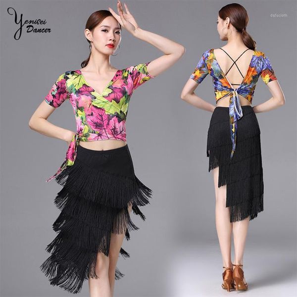 

new latin dance performance clothes v-neck lace up short flowers print irregular milk silk tassel skirt for dancer1, Black;red