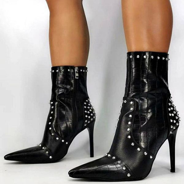 

woman rivets studs patched stone leather ankle boots female stiletto high heels motorcycle boots women short, Black