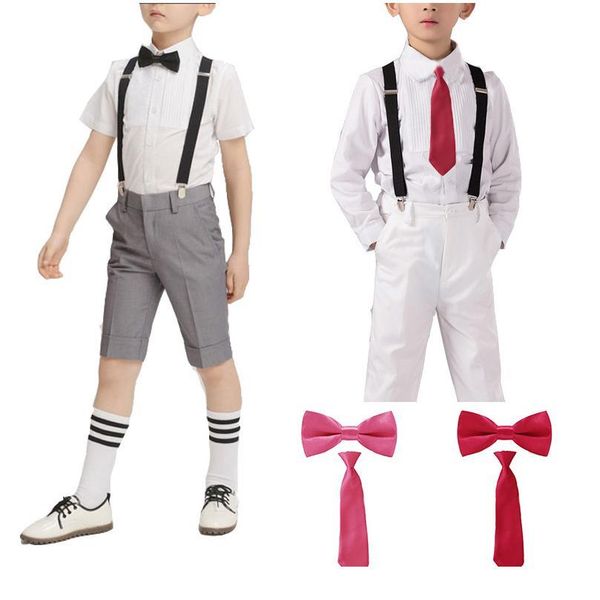 

2 pcs soild color children ties bowtie set baby boys girls cravate wedding party bow tie elastic kids adjustable mi qylfgq, Black;gray