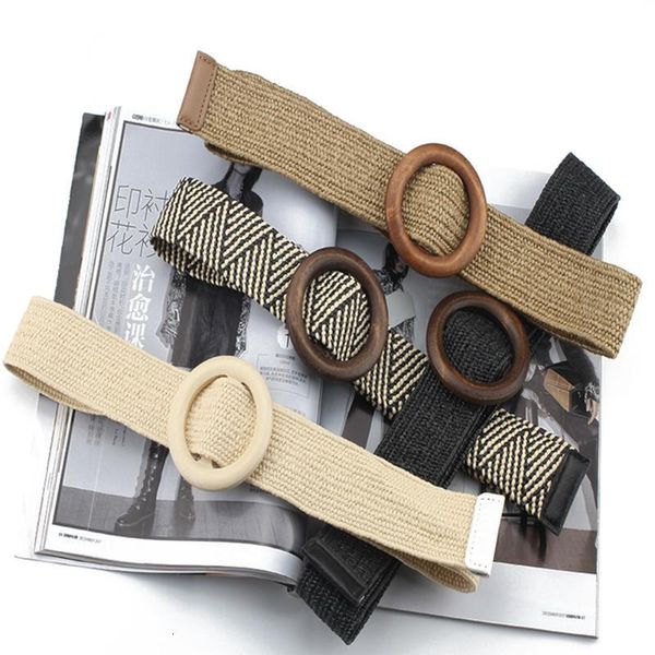 

wooden button braided belt for women elastic straw belt decoration for dress casual female accessories, Black;brown