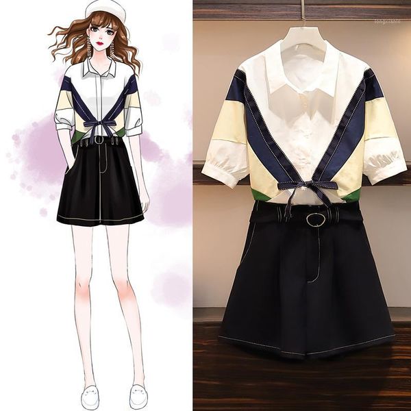 

summer women short sleeves shirt suit short pants suit casual woman 2 pcs clothing set blouse plus size clothes outfit1, White