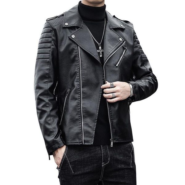 

mcikkny mens biker pu letaher jackets and coats trucker outwear male zipper pockets clothing, Black