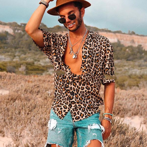 

summer new leopard print men's shirt, White;black