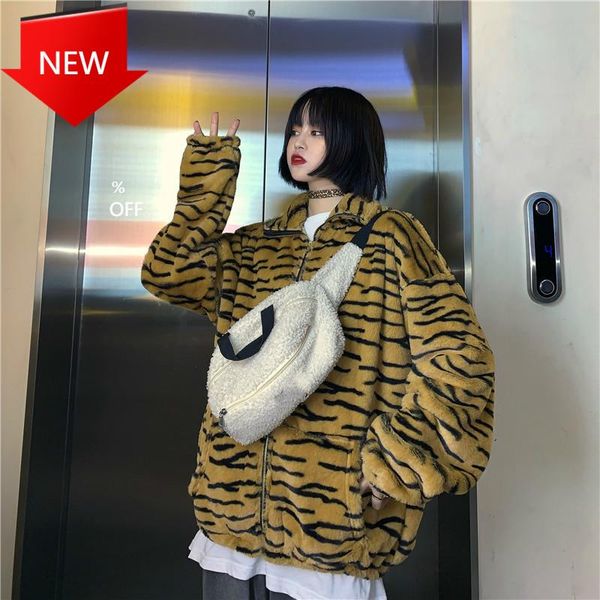 

plush zipper pocket jackets 2021 zebra striped parka outwear coats harajuku retro winter warm coats women fashion, Black