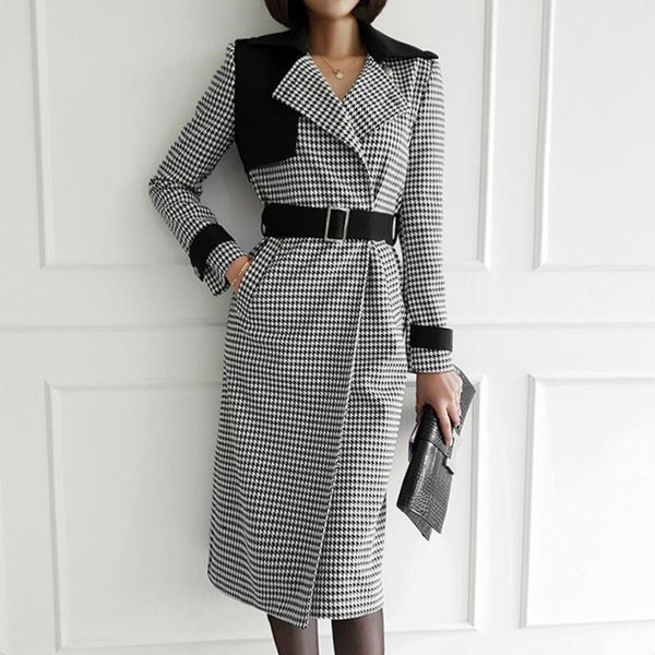 

winter vintage office double breasted belt slim patchwork plaid female outwear coat long wool blend blazer1, Black